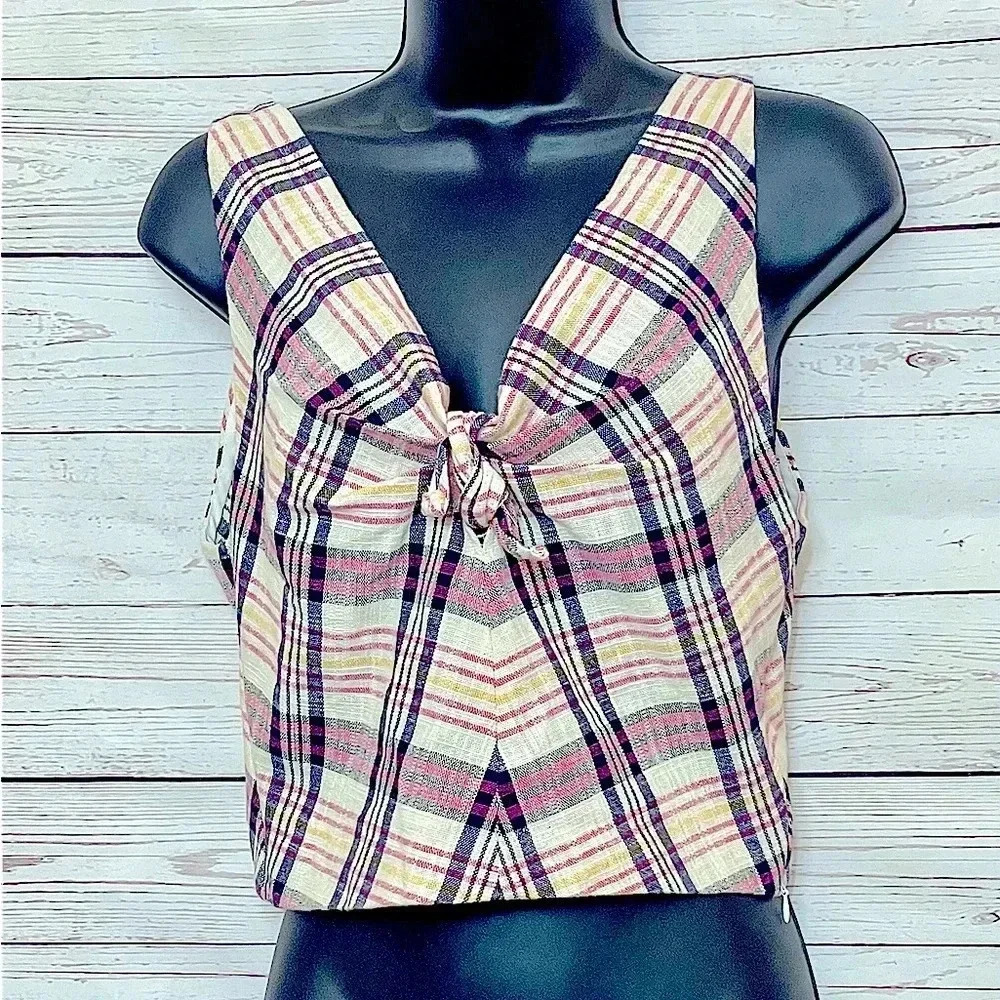 🎀EUC 🎀 Zara Womens TRF Plaid Crop Tank Top Sleeveless XS Bow Detail Pink Black - Picture 2 of 13